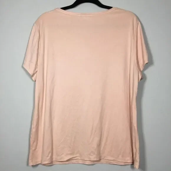 Chicos pink faux suede vegan short sleeve round neck with gold tone detail sz L - Picture 4 of 7